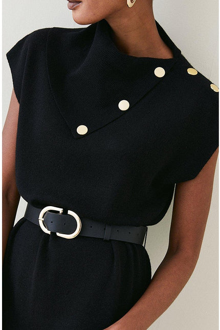 KAREN MILLEN NWT Black Wool Blend Belted Knit Midi Dress Short Sleeve Women's XS