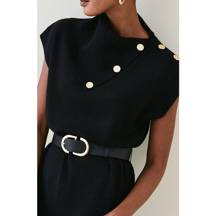 KAREN MILLEN Belted Knit Midi Dress NWT Black Wool Blend Short Sleeve Women's XS