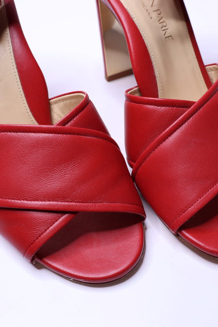 MARION PARKE Leather Ankle Tie Sandal Red Open Toe Blocked Heel Women's 38/US 8