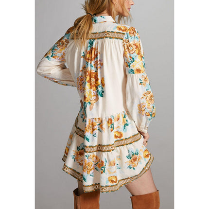 By Anthopologie Mini Shirt Dress Ivory Floral Panel Print Boho Women's XS