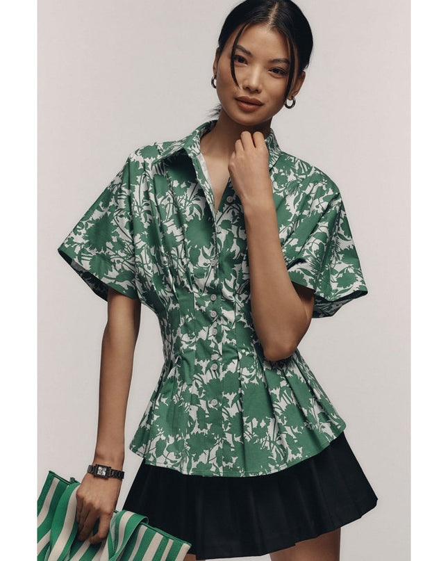 EXQUISE Madilynn Short Sleeve Pleated Blouse Green Button Front Women's XS