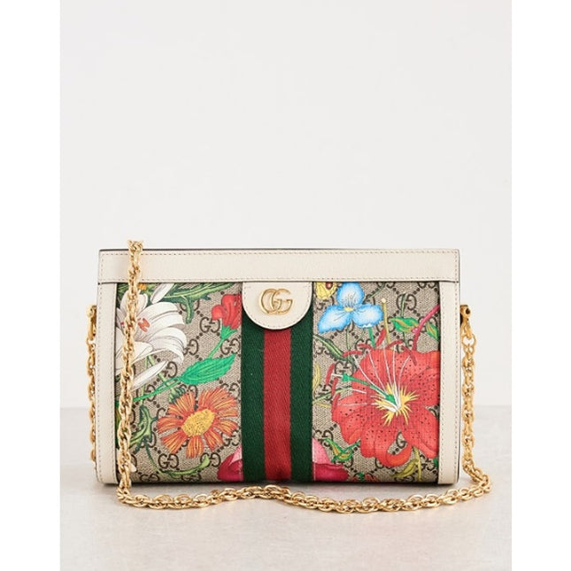 Gucci Ophidia GG Flora Chain Shoulder Bag Beige Coated Canvas Crossbody