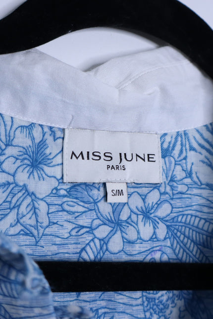 MISS JUNE Mona Button Up Blouse Blue Printed Cotton Short Sleeve Women's S/M
