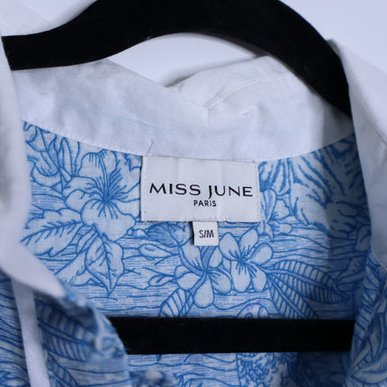 MISS JUNE Mona Button Up Blouse Blue Printed Cotton Short Sleeve Women's S/M