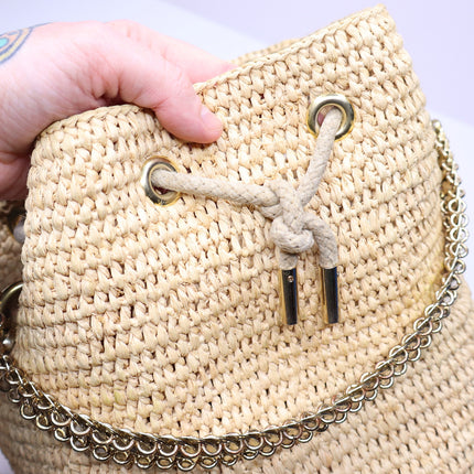 PACO RABANNE Natural Raffia Bucket Bag Gold Chain Link Top Handle Crossbody Bag