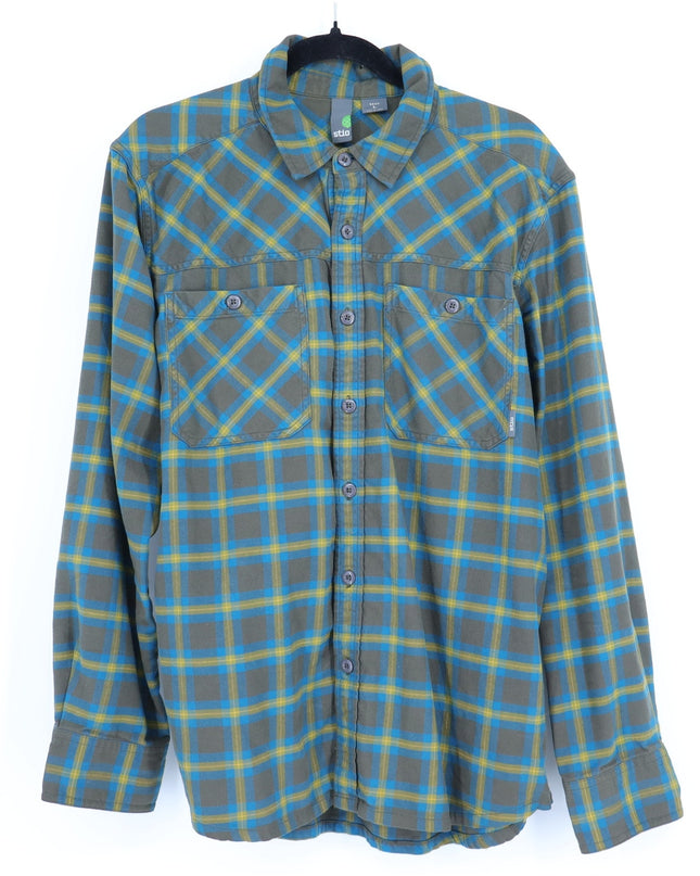 STIO Plaid Flannel Button Up Shirt Brown and Yellow Cotton Long Sleeve Men's L