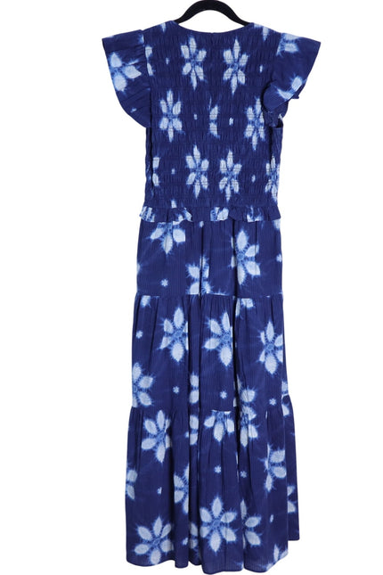 SEA Isla Midi Dress Navy Print Smocked Cotton Peasant Flutter Sleeve Women's 4