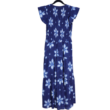SEA Isla Midi Dress Navy Print Smocked Cotton Peasant Flutter Sleeve Women's 4