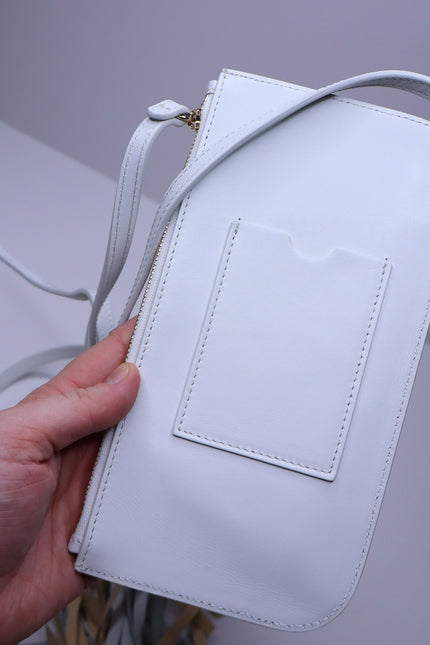 REE PROJECTS Do Fringe Leather Neck Pouch White Leather Crossbody Sling Bag