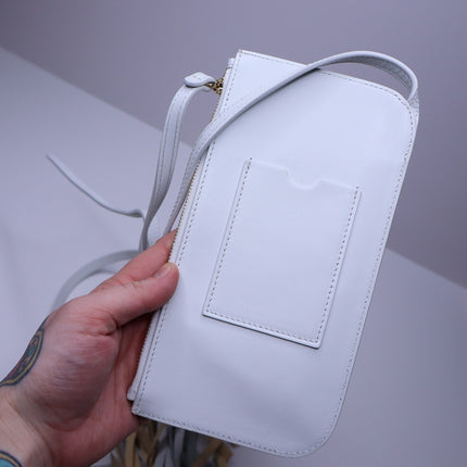 REE PROJECTS Do Fringe Leather Neck Pouch White Leather Crossbody Sling Bag
