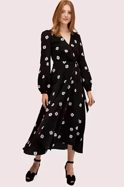 KATE SPADE Black Spade Clover Toss Belted Wrap Dress Long Sleeve Women's 10