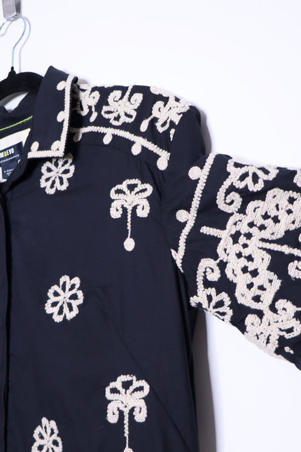 MAEVE Short Sleeve Collared Mini Shirt Dress Black Embroidered Casual Women's XS