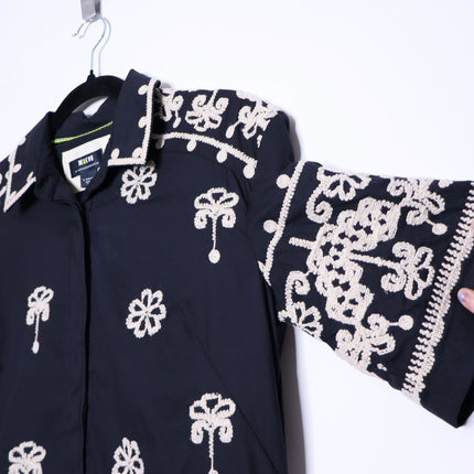 MAEVE Short Sleeve Collared Mini Shirt Dress Black Embroidered Casual Women's XS