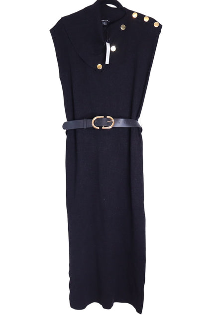 KAREN MILLEN NWT Black Wool Blend Belted Knit Midi Dress Short Sleeve Women's XS
