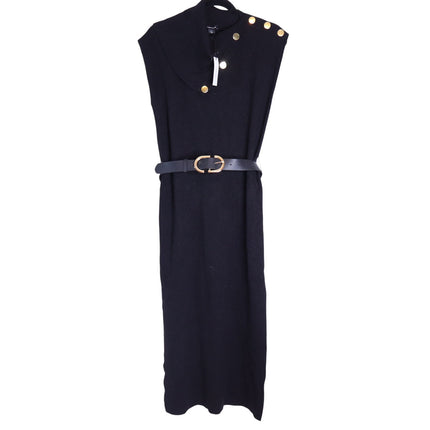 KAREN MILLEN Belted Knit Midi Dress NWT Black Wool Blend Short Sleeve Women's XS