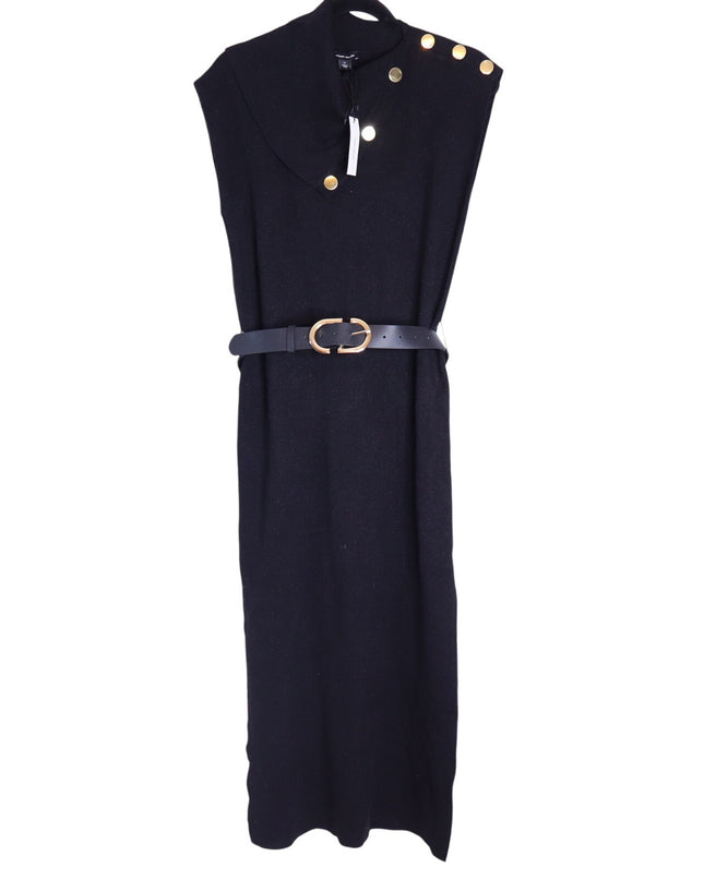 KAREN MILLEN Belted Knit Midi Dress NWT Black Wool Blend Short Sleeve Women's XS