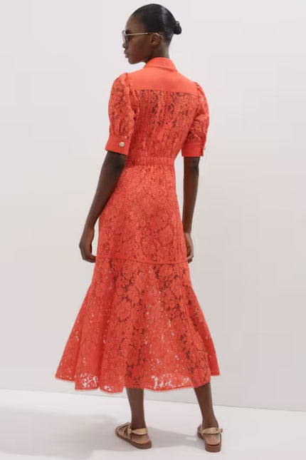 ME+EM Guipure Lace Ruffle Maxi Dress Papaya Orange Short Sleeve Women's 8