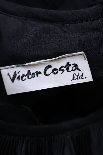 VICTOR COSTA Vintage 90s Midi Dress Black Ruffled Trim Long Sleeve Women's 4