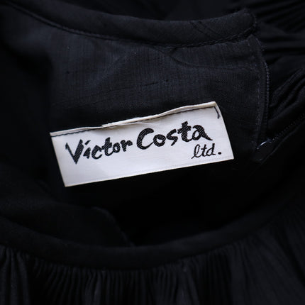 VICTOR COSTA Vintage 90s Midi Dress Black Ruffled Trim Long Sleeve Women's 4