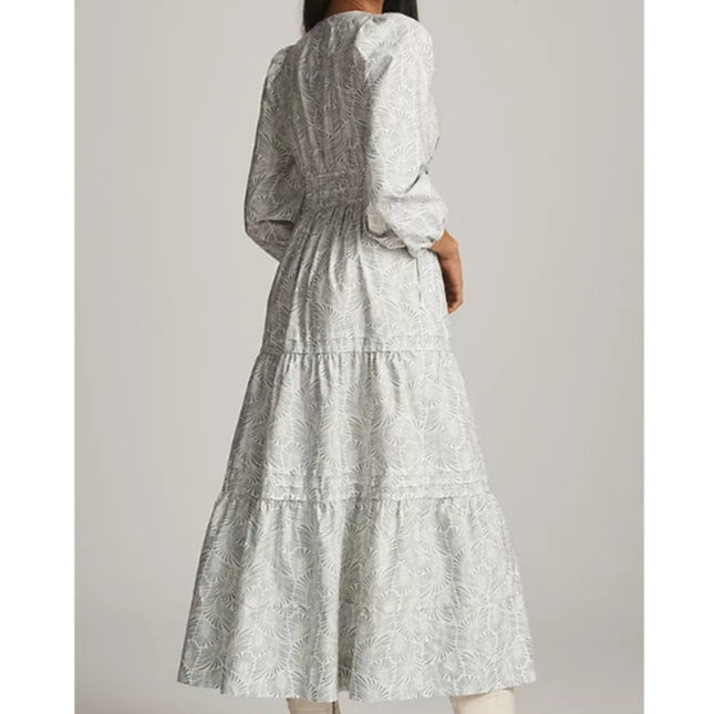 by ANTHROPOLOGIE Somerset Maxi Dress Blue Printed Popover Long Sleeve Women's XS
