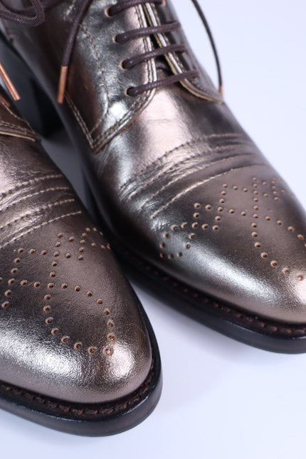 THE OFFICE OF ANGELA SCOTT Miss Button Metallic Heel Loafers Bronze Women's 35.5