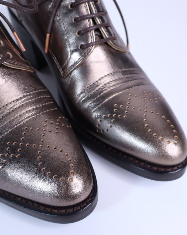 THE OFFICE OF ANGELA SCOTT Miss Button Metallic Heel Loafers Bronze Women's 35.5