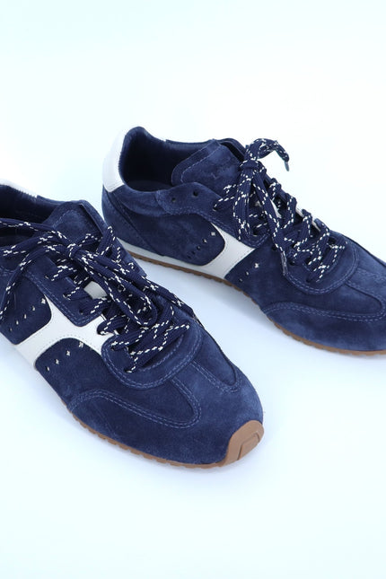 LARROUDE Stella Sneakers Navy Suede and Ivory Leather Low Top Women's 9