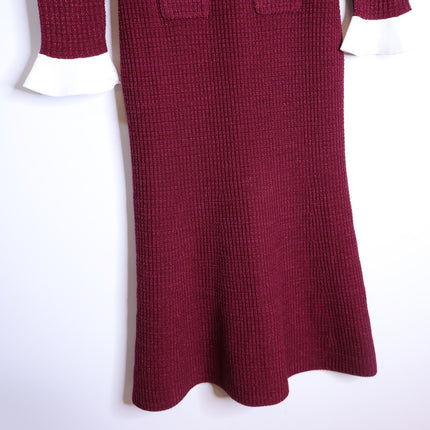 Self-Portrait Burgundy Pearl Trim Knit Midi Dress Long Sleeve Women's M
