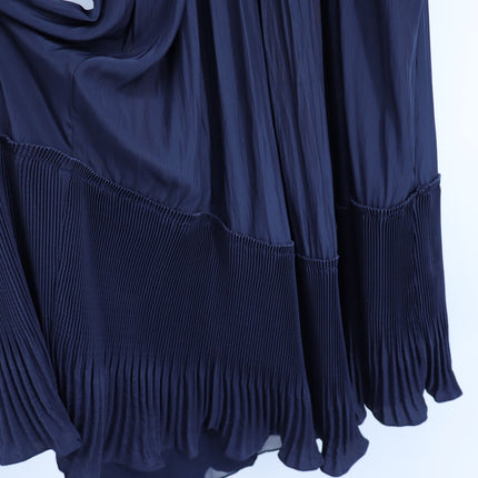 RAMY BROOK Camden Ruffle Maxi Dress Navy Blue Accordion Pleat V Neck Women's M