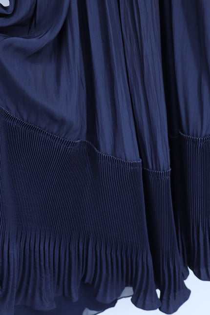 RAMY BROOK Camden Ruffle Maxi Dress Navy Blue Accordion Pleat V Neck Women's M