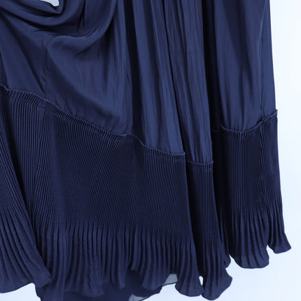 RAMY BROOK Camden Ruffle Maxi Dress Navy Blue Accordion Pleat V Neck Women's M