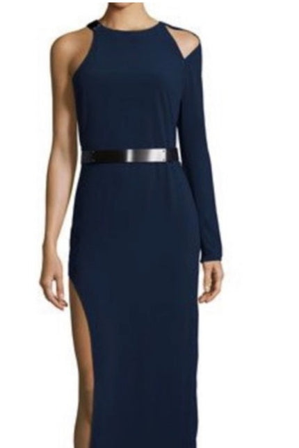 HALSTON HERITAGE Navy Blue Asymmetrical Gown Metal One Sleeve Women's 10