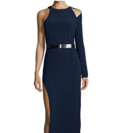 HALSTON HERITAGE Asymmetrical Gown Navy Blue Metal One Sleeve Women's 10