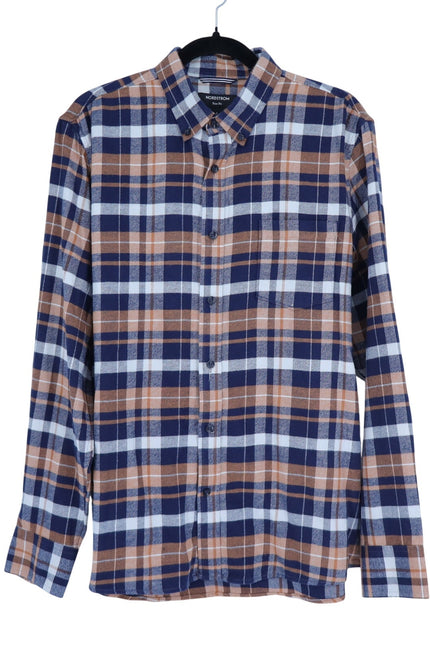 NORDSTROM Trim Fit Shirt Navy and Orange Plaid Button Down Long Sleeve Men's L