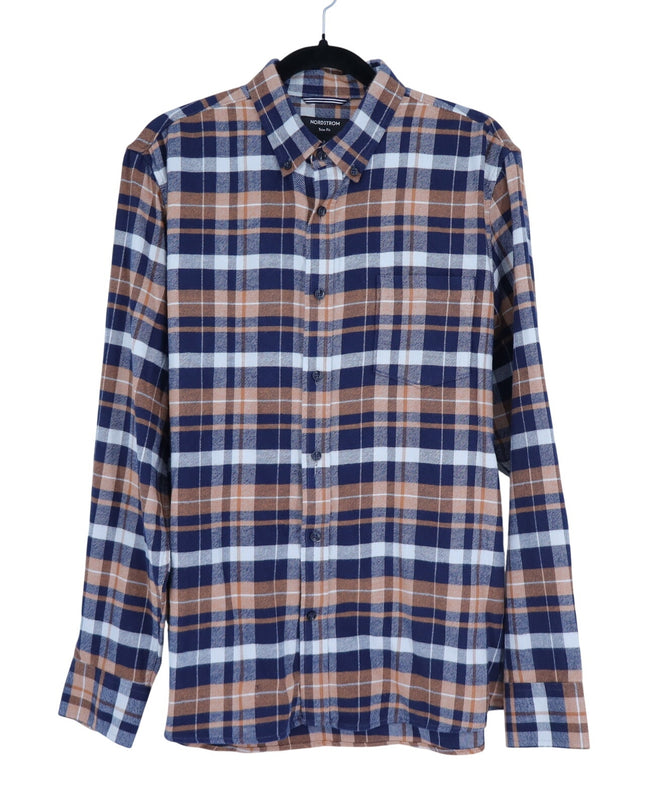 NORDSTROM Trim Fit Shirt Navy and Orange Plaid Button Down Long Sleeve Men's L