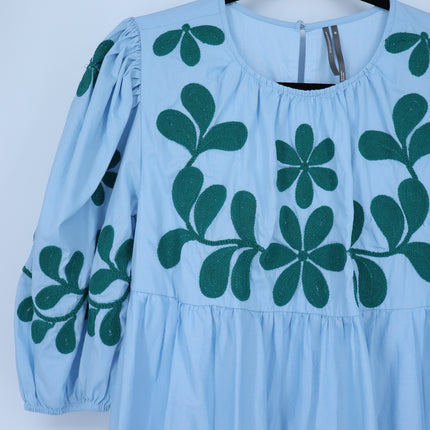 by ANTHROPOLOGIE Embroidered Midi Dress Light Blue Puff Sleeve Women's XS