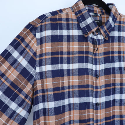 NORDSTROM Trim Fit Shirt Navy and Orange Plaid Button Down Long Sleeve Men's L