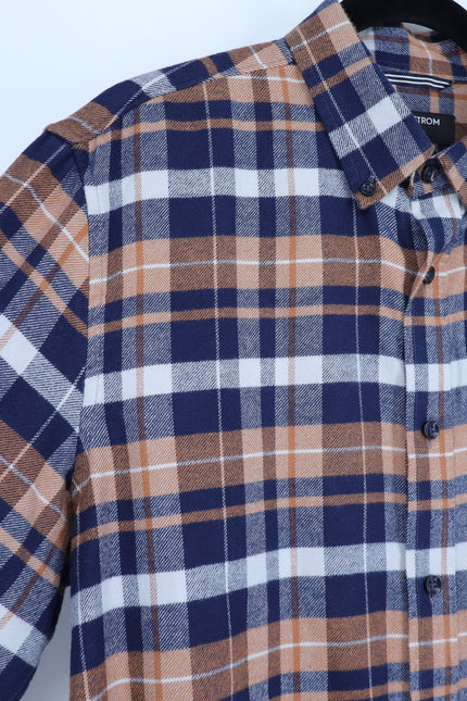 NORDSTROM Trim Fit Shirt Navy and Orange Plaid Button Down Long Sleeve Men's L