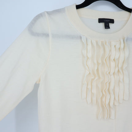 J. Crew Ruffled Pullover Sweater Ivory Wool Crew Neck 3/4 Sleeve Women's XS