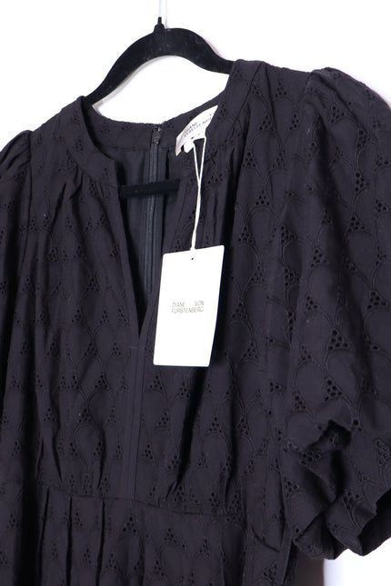 DIANE VON FURSTENBERG Polina Cotton Dress Black Eyelet Puff Sleeve Women's 6