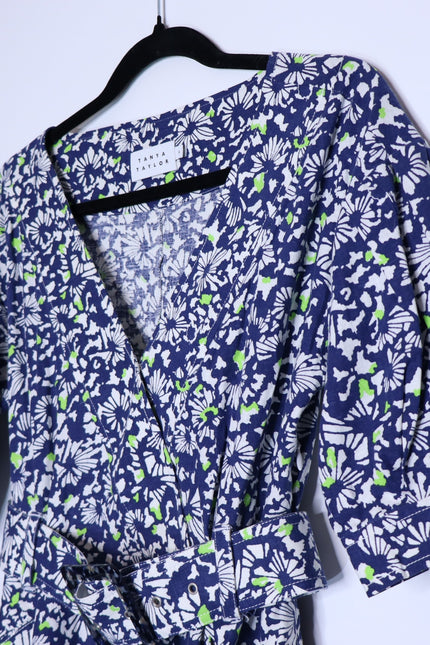 TANYA TAYLOR Coral Floral Linen Mini Dress Blue Belted Puff Sleeve Women's 4