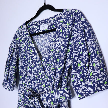 TANYA TAYLOR Coral Floral Linen Mini Dress Blue Belted Puff Sleeve Women's 4
