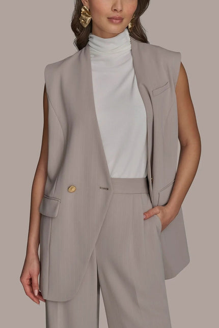 DONNA KARAN NWT Pinstripe Double Breasted Vest Cobblestone Cream Women's 10P