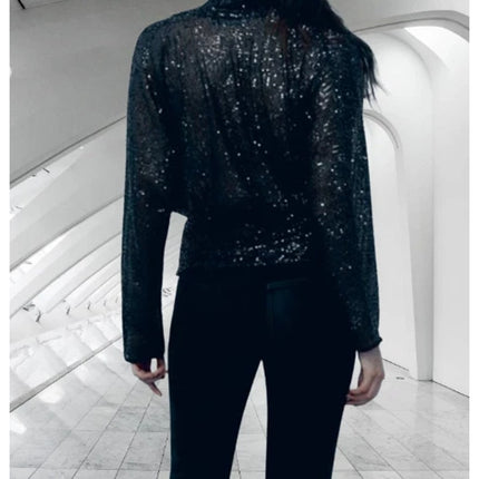 ZARA Draped Sequin Blouse Black Surplice V-Neckline Long Sleeve Women's S