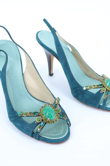 GIUSEPPE ZANOTTI Swarovski Gemmed Slingback Heel Teal Suede Women's 38.5/US 8.5