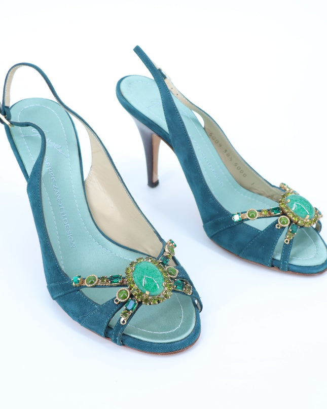 GIUSEPPE ZANOTTI Swarovski Gemmed Slingback Heel Teal Suede Women's 38.5/US 8.5