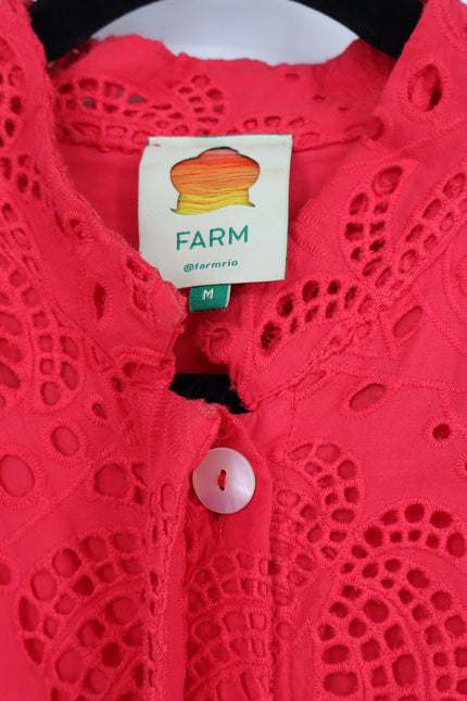 FARM RIO Red Palm Tree Eyelet Mini Dress Belted Long Sleeve Women's M