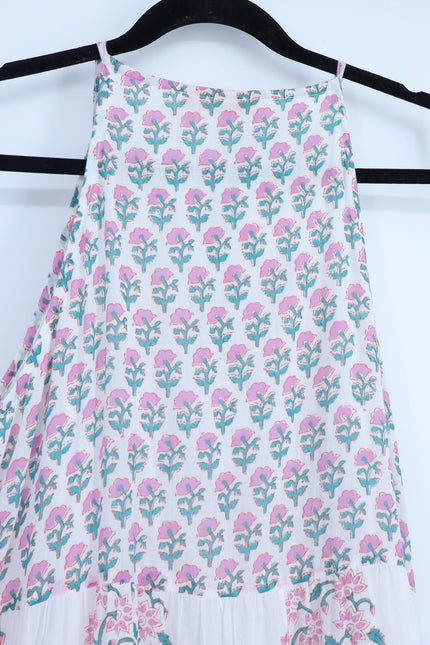 OLIPHANT Long Tiered Tassel Dress White Pastel Ditsy Floral Peasant Women's L