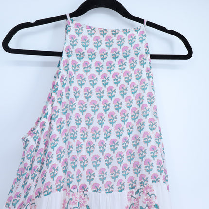 OLIPHANT Long Tiered Tassel Dress White Pastel Ditsy Floral Peasant Women's L