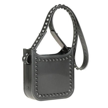 Carmen Sol Toni Mid Crossbody Bag Gunmetal NWT Metallic Studded Jelly Purse